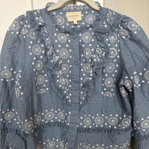 Sezane Blue and White Embroidered Blouse
